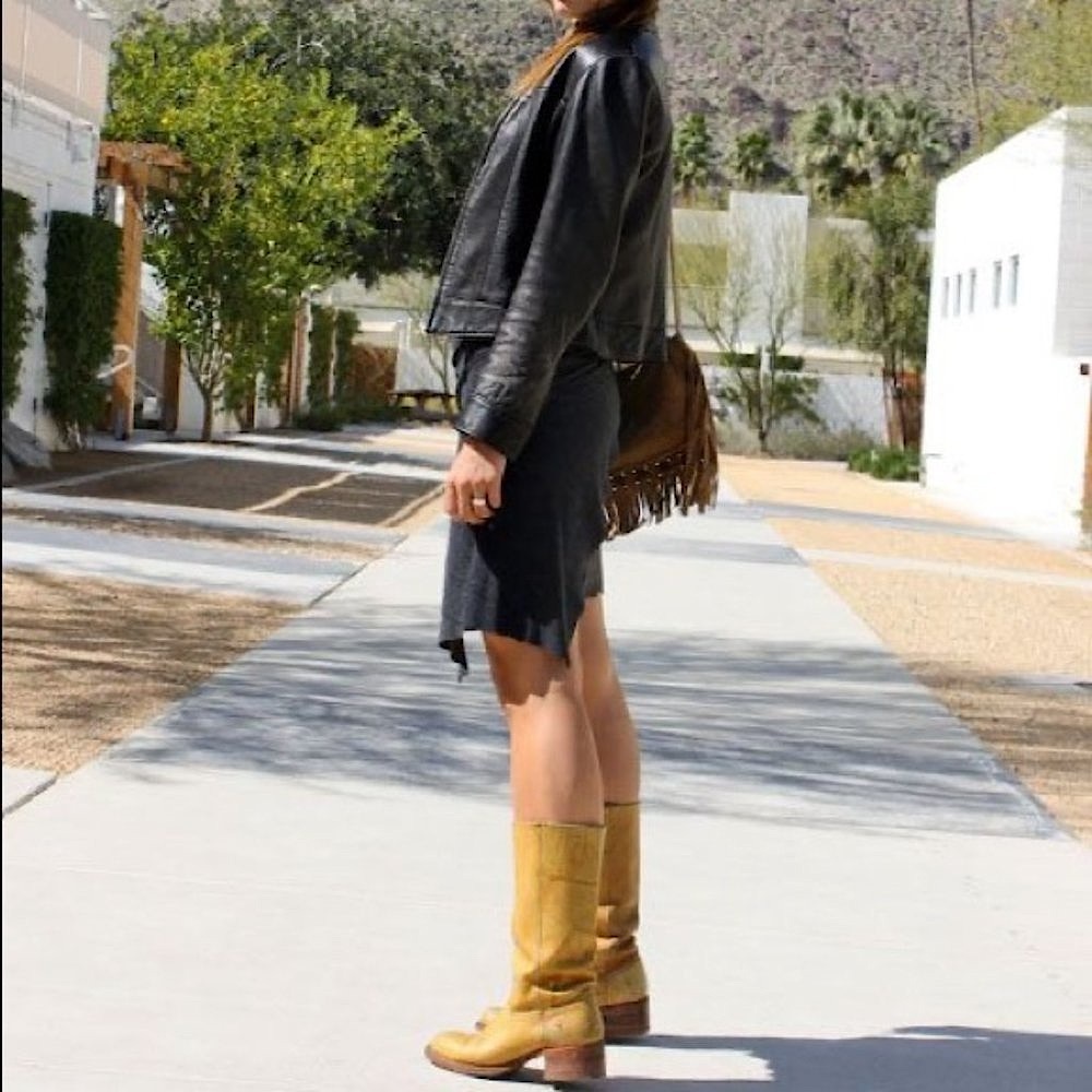 Frye Campus 14L Banana Yellow Leather Vintage Distressed Knee High Pull On Boots - Picture 4 of 16